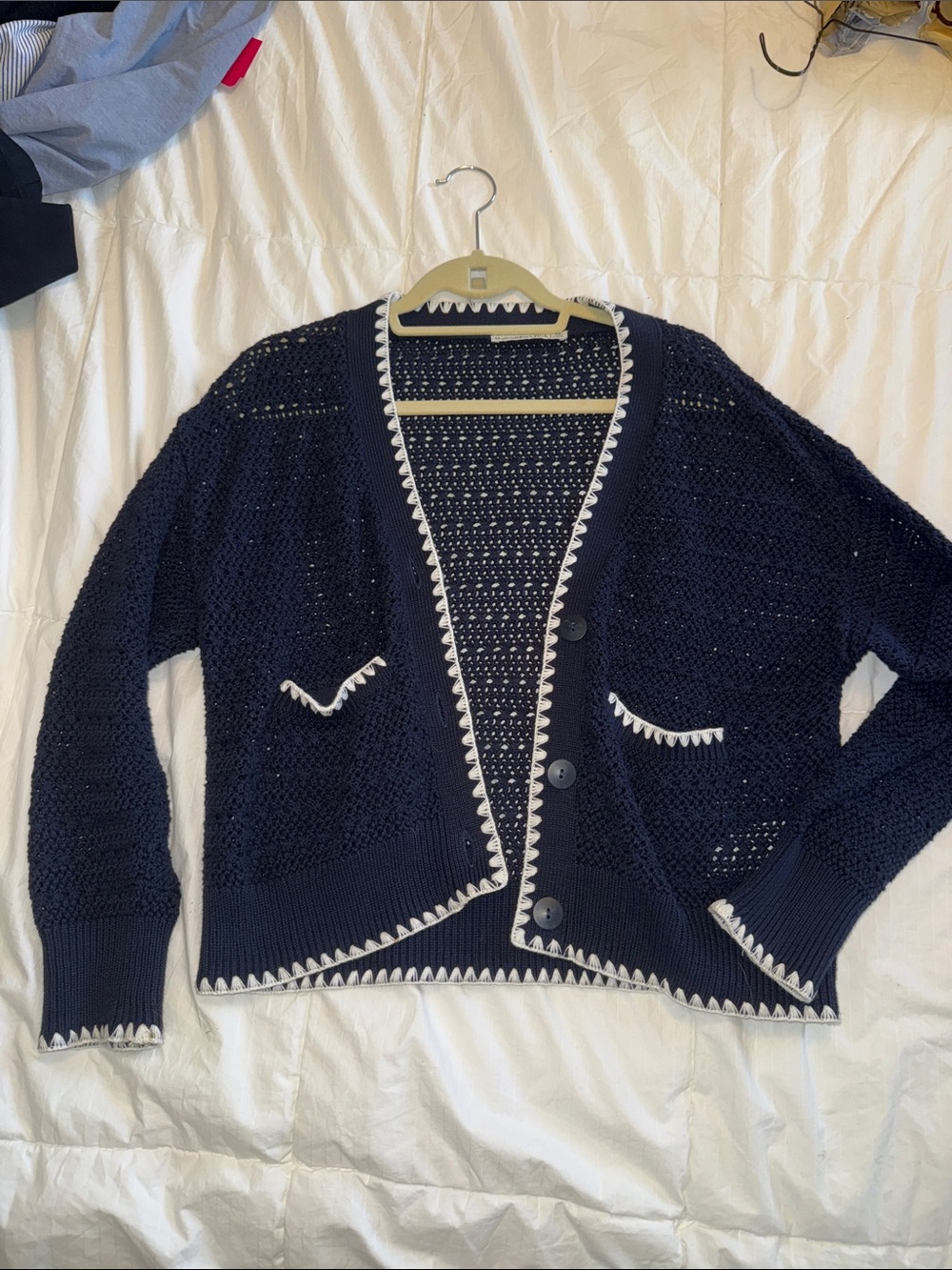 Abercrombie & Fitch Navy Cardigan with White Scalloped Trim